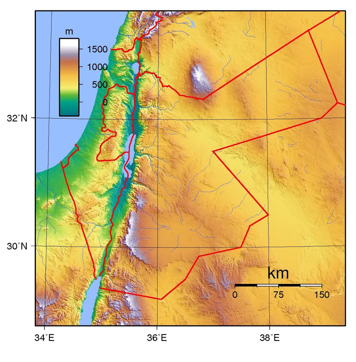 mapa de Xordania elevación